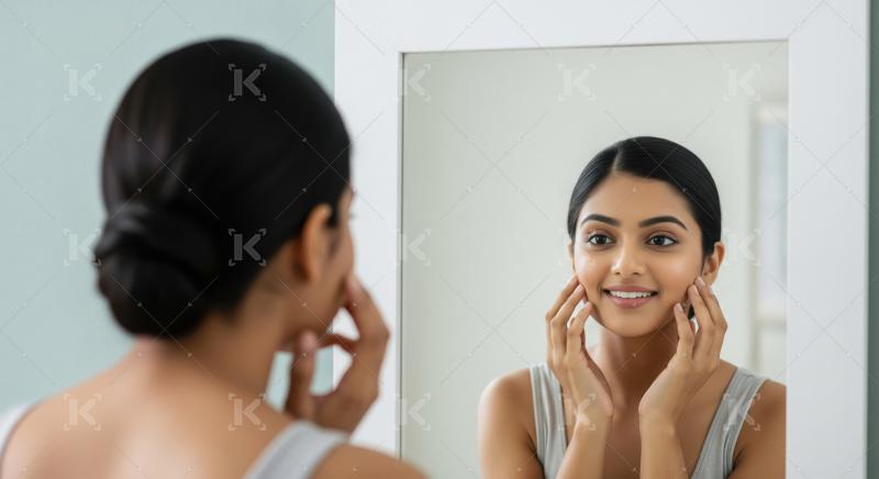 Young Indian Woman Admiring Her Beautiful Skin in Mirror