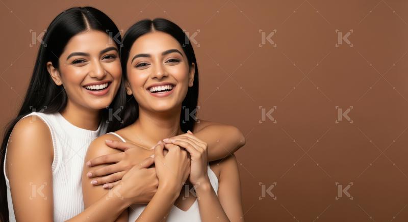 Joyful Indian women with beautiful skin, embracing warmly.