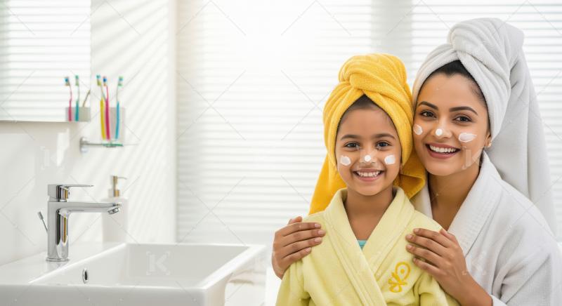 Joyful Mother-Daughter Skincare Routine in a Bright Bathroom