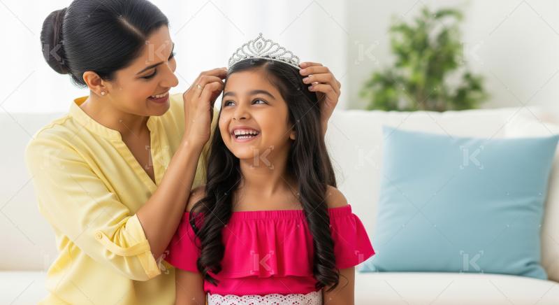 Loving Mother Crowns Her Smiling Daughter A Princess At Home