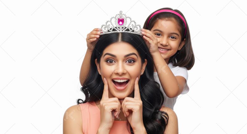 Little Girl Crowning Happy Woman: Joyful Princess Play