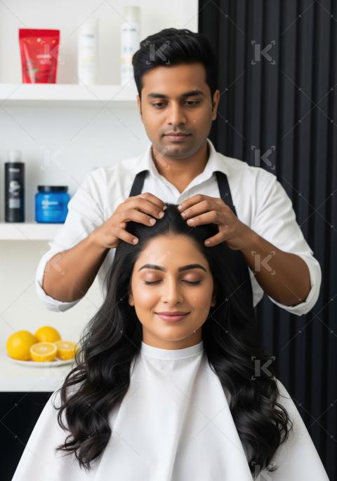 Stylist gives relaxing head massage to woman in beauty salon.