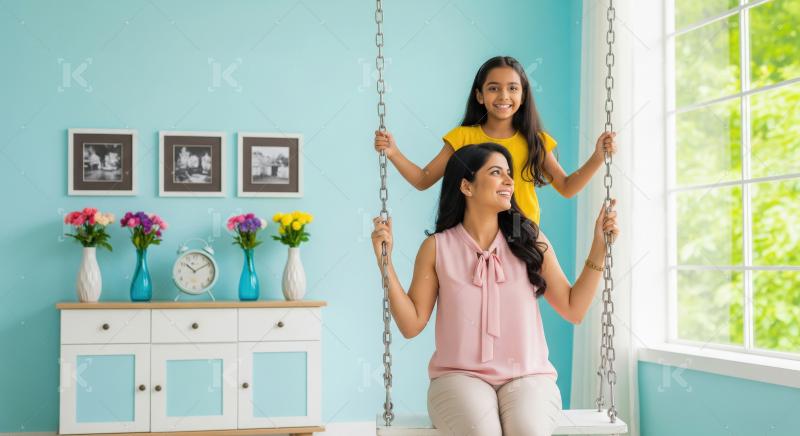 Happy Indian Mother and Daughter Enjoying Indoor Swing Play