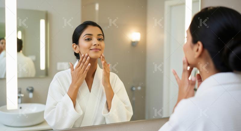 Young Indian Woman Skincare Routine in Modern Bathroom Mirror