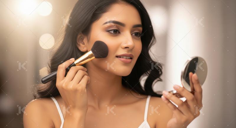 Young Indian Woman Applying Makeup with Brush and Mirror