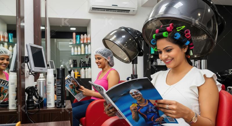 Women enjoy salon visit with hair treatment and magazines