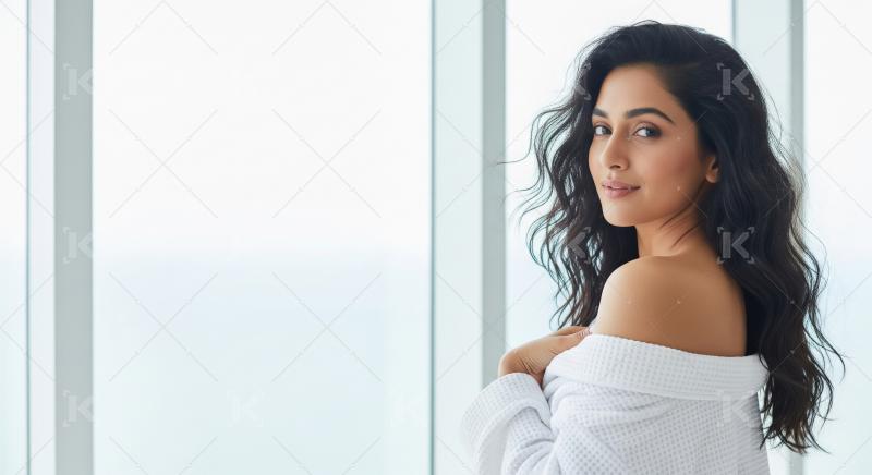 Beautiful Woman in White Robe, Serene Morning Wellness