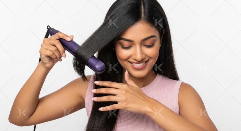 Young Woman Straightening Long Black Hair for a Sleek Look
