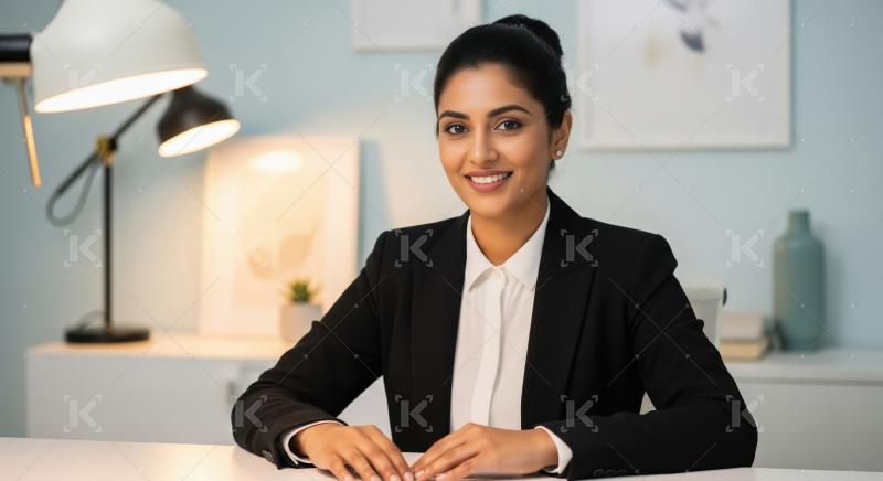 Smiling Indian Businesswoman at Desk in a Modern Office