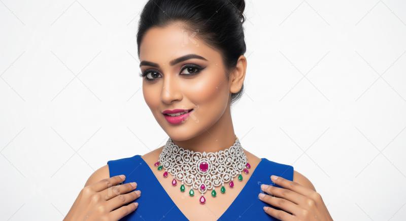 Glamorous Indian woman showcasing exquisite diamond and ruby eme