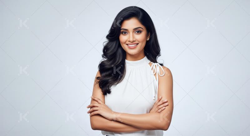 Confident Indian Woman Smiling, Arms Crossed, Studio Portrait