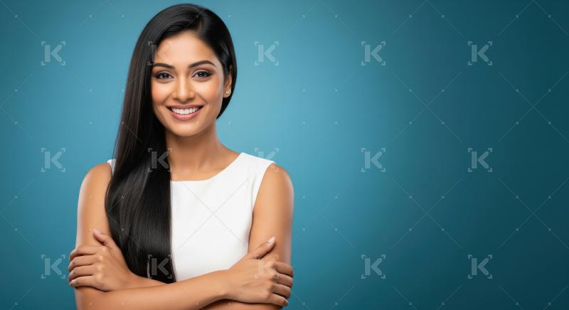 Confident Young Indian Woman Smiling Brightly on Blue Background