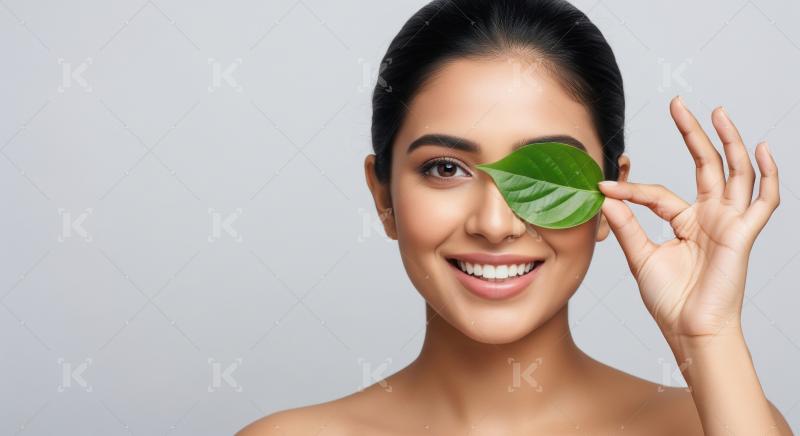 Smiling Woman with Green Leaf Promoting Natural Beauty and Skinc