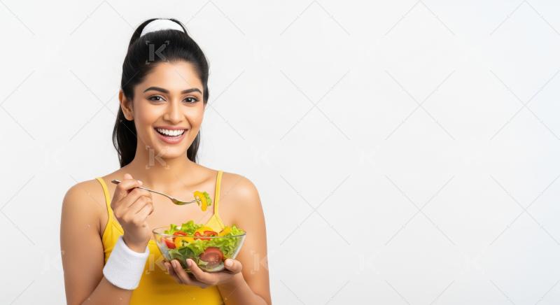 Happy Young Indian Woman Eating Fresh Healthy Salad