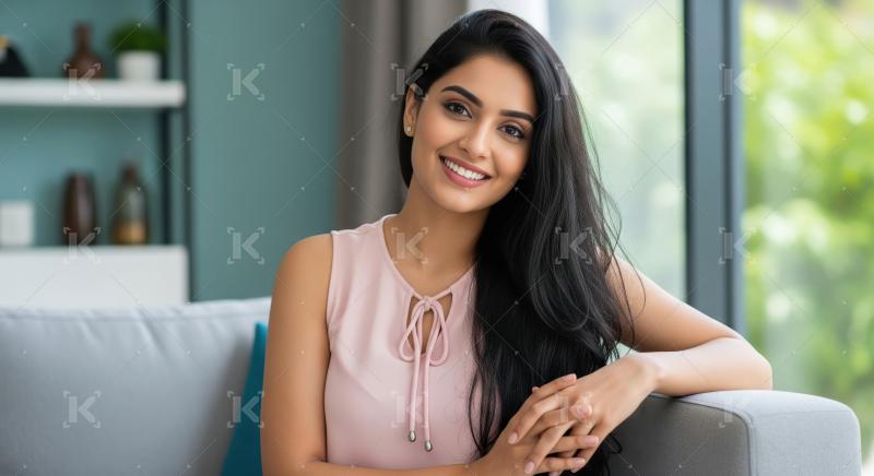 Happy Young Indian Woman Smiling on Sofa in Modern Home