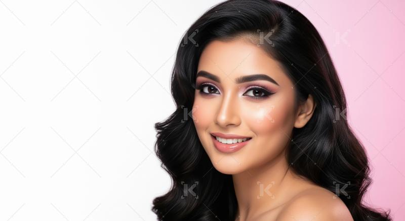 Beautiful Woman with Elegant Hair and Flawless Pink Makeup