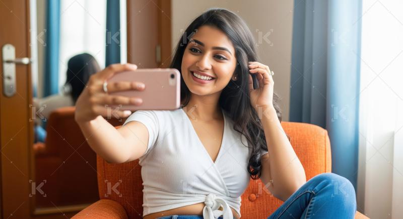 Joyful Indian woman smiles while taking a selfie.