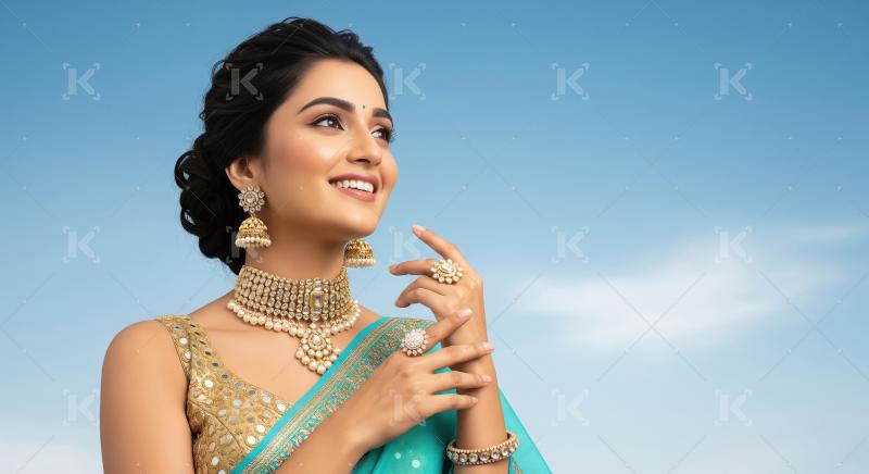 Beautiful Indian Woman Adorned in Traditional Jewelry, Smiling E