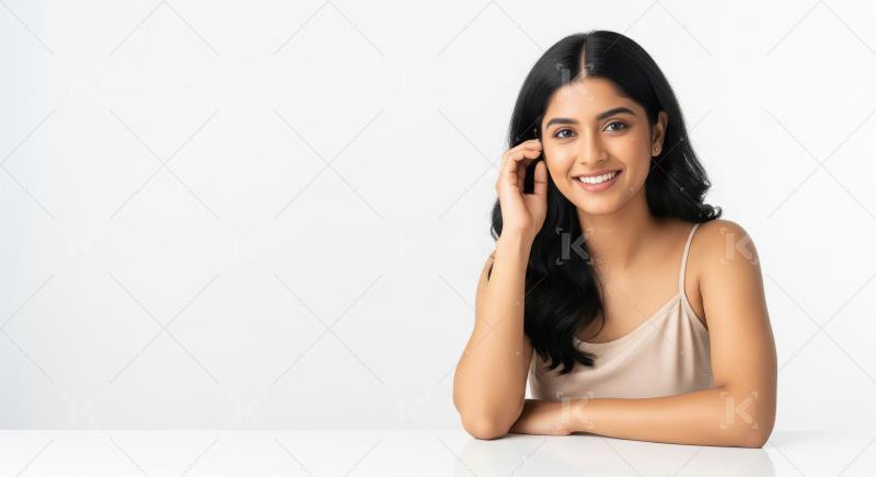 Smiling Indian woman with beautiful skin on white background