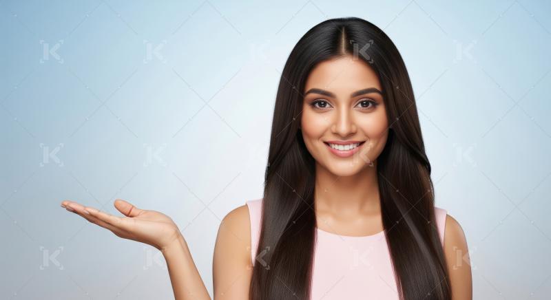 Beautiful Young Woman Smiling, Presenting with Open Hand