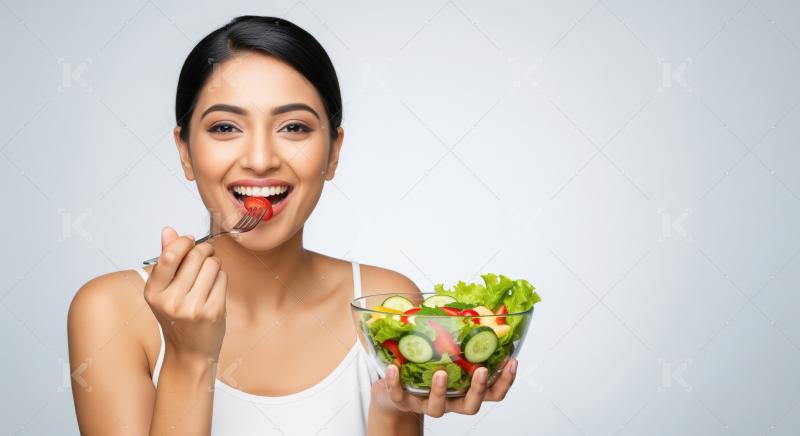 Happy woman eating fresh healthy salad with a bright smile