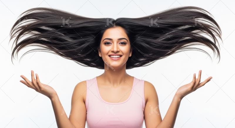 Happy Indian woman showing off her healthy, dark, flowing hair.