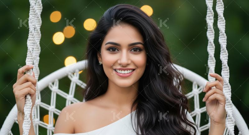 Beautiful Young Woman Smiling in Macrame Swing Chair