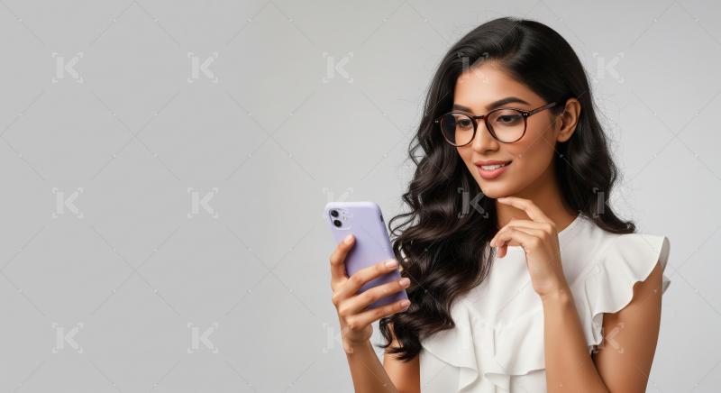 Young Indian Woman with Glasses Using Smartphone with Smile