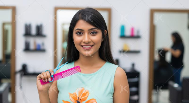 Smiling Indian Woman Holding Hair Tools in Salon