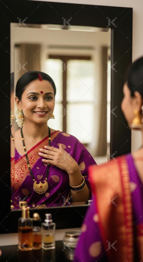 Beautiful Indian woman in traditional saree admiring herself in