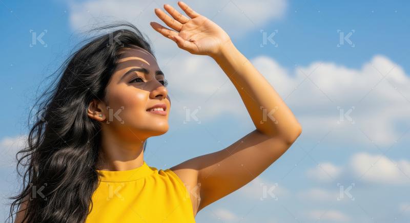 Young Woman Shielding Eyes from Bright Sun in Blue Sky