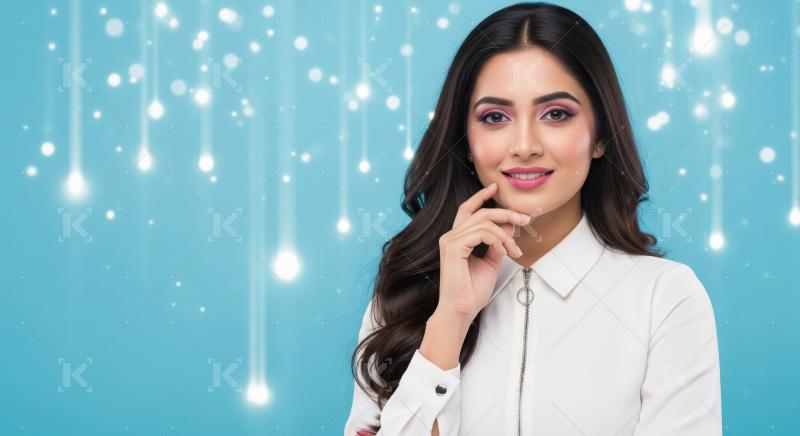 Beautiful Indian Woman with Pink Makeup and Glowing Blue Backgro