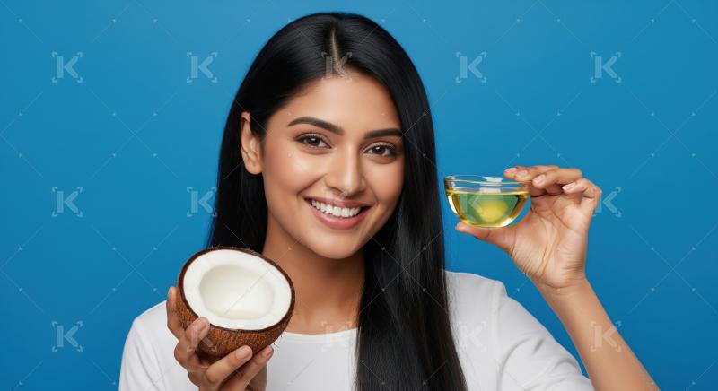 Beautiful Woman Shows Coconut And Oil For Hair