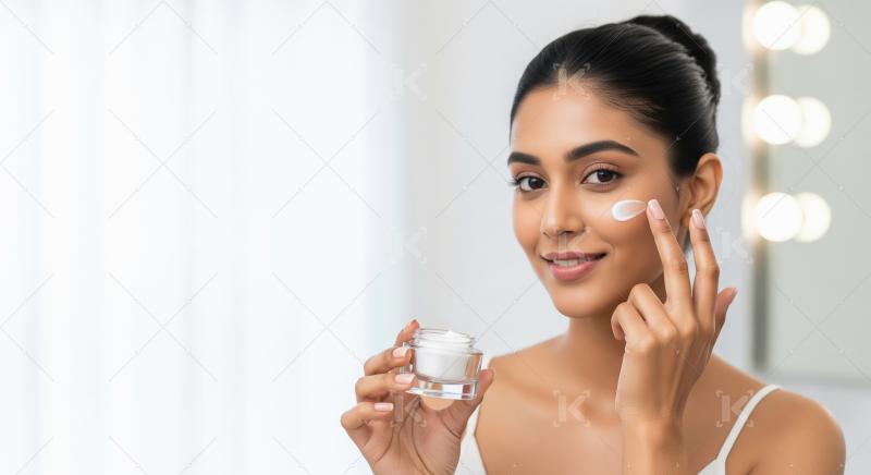 Young Indian Woman Applies Face Cream for Healthy Glowing Skin