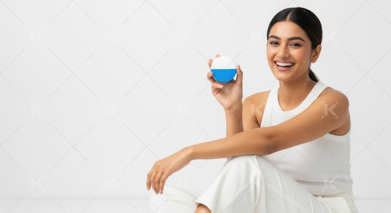 Happy woman holding skincare product, radiating joy and natural
