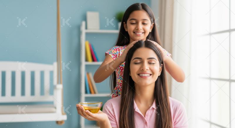 Happy Indian Mother and Daughter Enjoying Hair Oiling