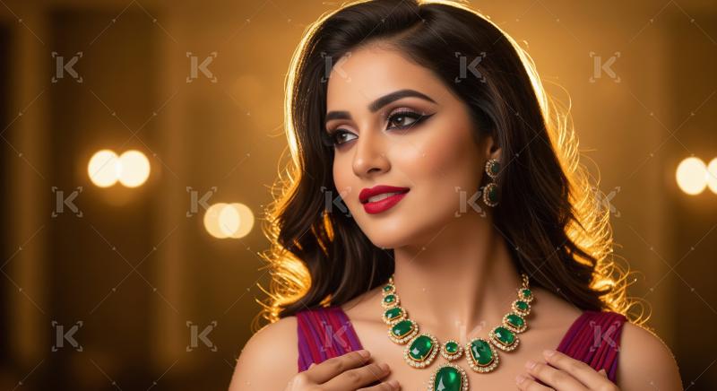 Beautiful Indian Woman Adorned with Emerald and Diamond Jewelry