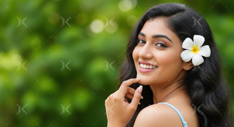 Beautiful Indian woman smiling with plumeria flower in hair outd