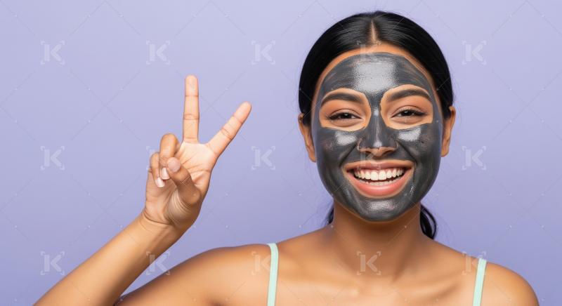 Smiling Woman with Charcoal Face Mask Making Peace Sign