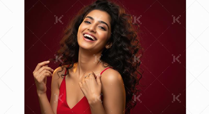 Joyful Young Indian Woman with Wavy Hair Laughing Brightly