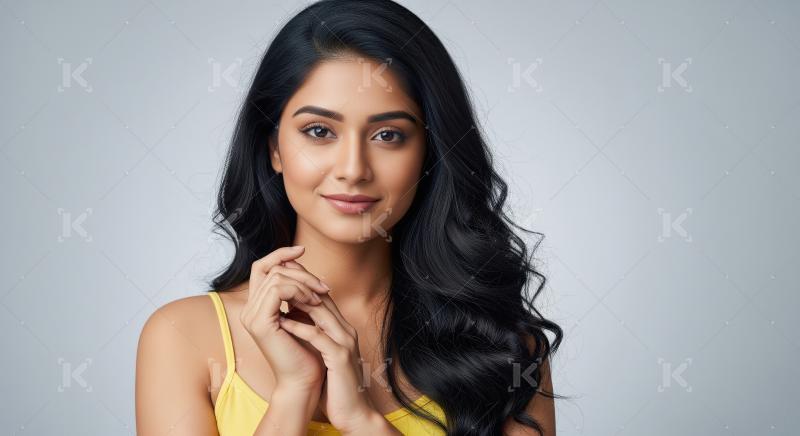 Beautiful Young Indian Woman with Long Wavy Hair Smiling