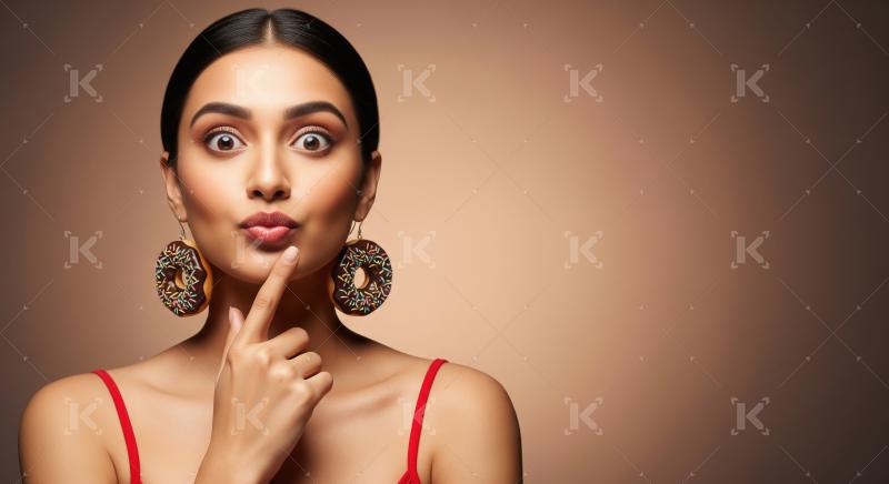 Young Woman's Sweet Surprise: Donut Earrings and Pondering Expre
