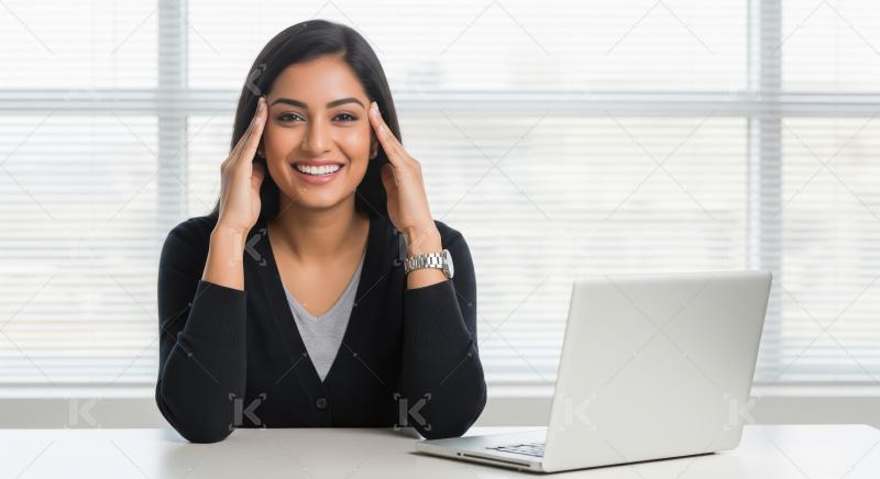 Confident Happy Indian Woman Smiling at Desk with Laptop