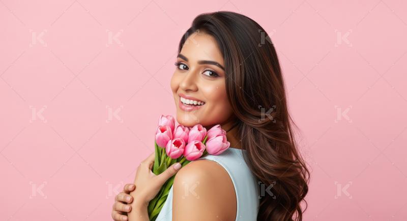 Beautiful Young Indian Woman Smiling with Pink Tulips
