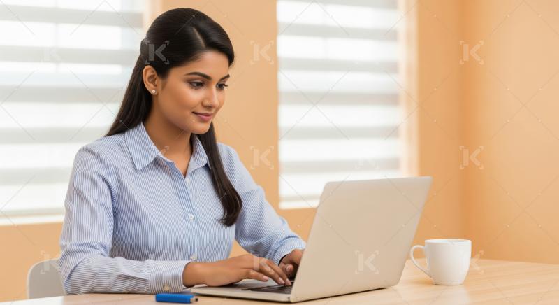 Young Indian Woman Working on Laptop in Modern Office