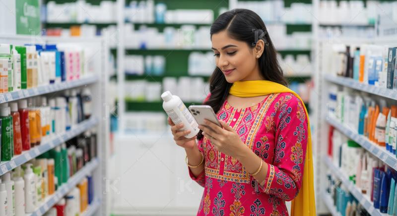 Indian woman shopping for personal care products in pharmacy