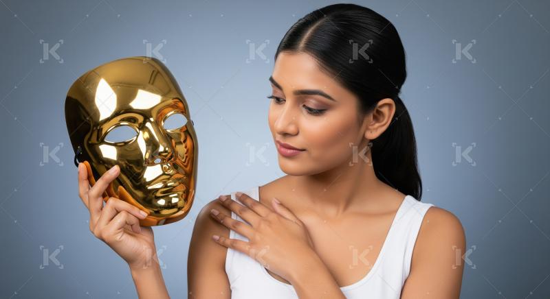 Elegant Woman Holding Golden Mask, Contemplating Hidden Self