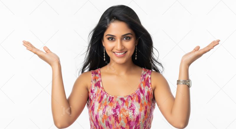 Beautiful Indian Woman Smiling, Presenting with Open Hands
