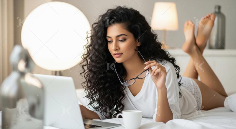 Young Indian Woman Relaxing in Bed Working on Laptop