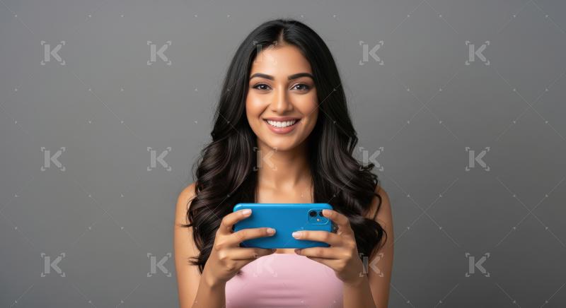 Happy Indian Woman Smiling, Engaging with Blue Smartphone